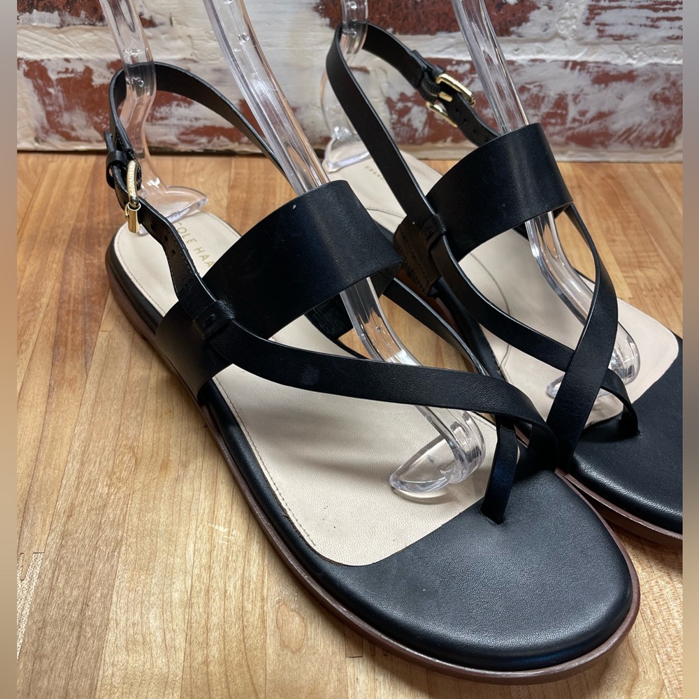 Cole Haan Black Strappy Leather Toe-Thong Sandals